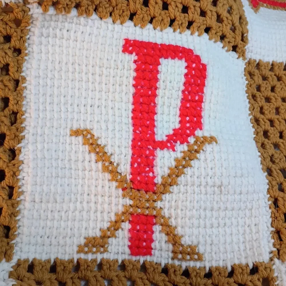 Handmade Crochet Afghan Blanket 64x49 Religious Christian Catholic Gold White